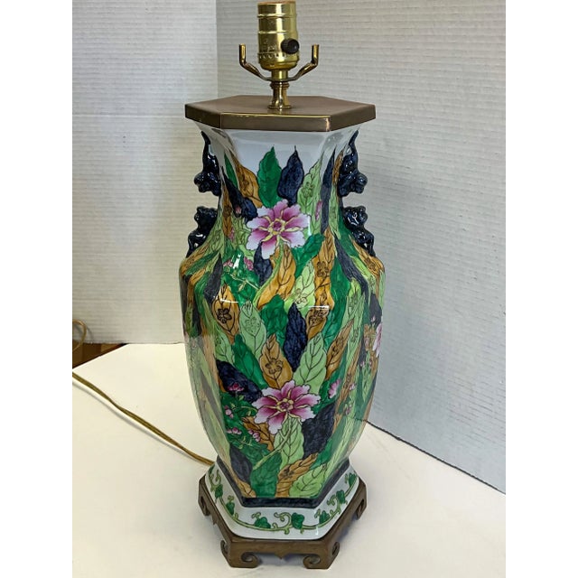 Green Mid-Century Chinese Export Style Porcelain Table Lamp in the Tobacco Leaf Pattern For Sale - Image 8 of 10