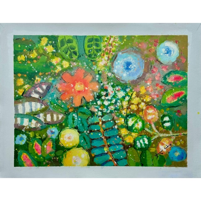 2020s Vibrant Abstract Floral Painting on Canvas, Unstretched, by Youn Cho For Sale - Image 5 of 5