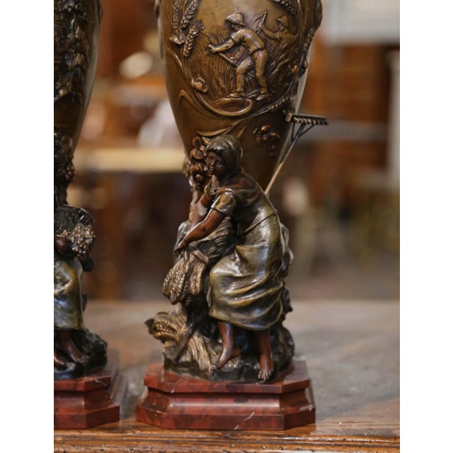 Bronze Pair of 19th Century French Verdigris Spelter Harvest Vases Signed Moreau For Sale - Image 8 of 12