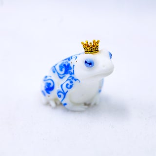 Delft Frog 1 by Nana Williams | Resin Cast, Acrylic Gouache Frog with crown and blue design. For Sale