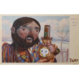 Traditional Bud by Nathan Durfee | Acrylic on vintage postcard depicting a man with a decorated vase. For Sale