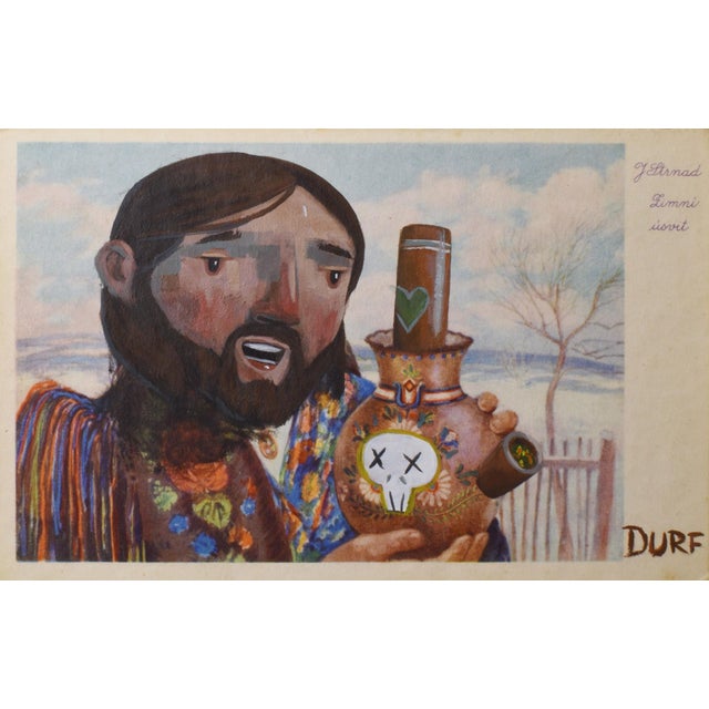 Traditional Bud by Nathan Durfee | Acrylic on vintage postcard depicting a man with a decorated vase. For Sale