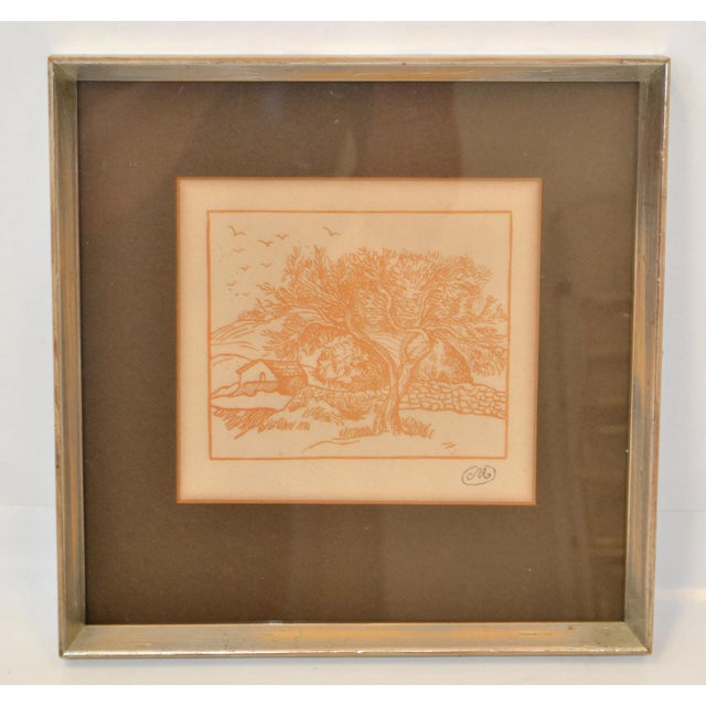 Figurative 1950 Framed Print Marked M Landscape Scenery Orange Silver Wood Frame Distressed For Sale - Image 3 of 11