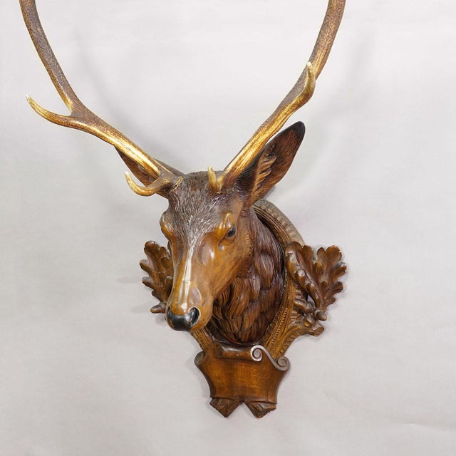Rustic European Large Naturalistic Black Forest Carved Stag Head, Ca. 1920s For Sale - Image 3 of 11
