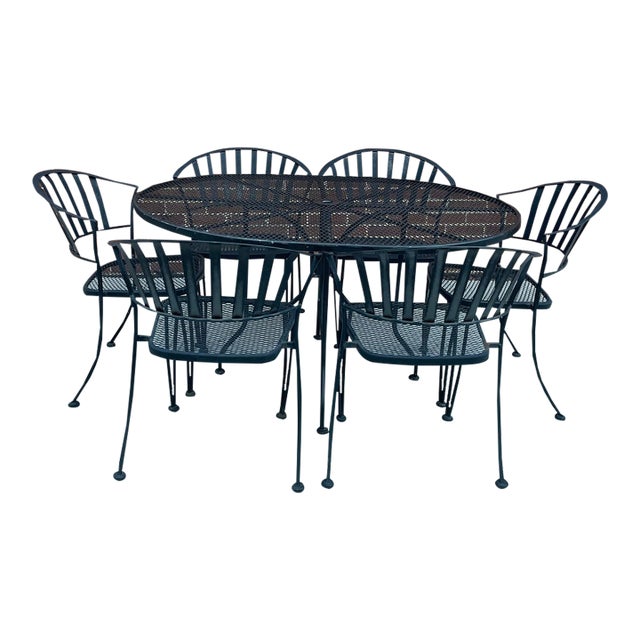 Vintage Wrought Iron Patio Garden Set 6 Chairs 54" Oval Table Minimalist For Sale