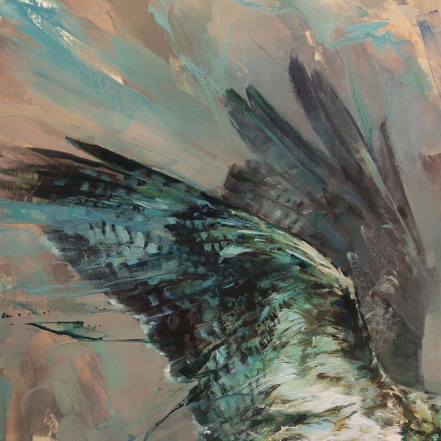 This artwork depicts a dynamic hawk in mid-flight, its wings extended and feathers rendered with expressive brushstrokes...