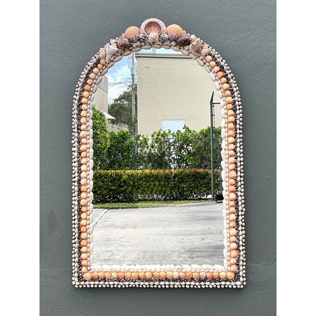 Wood Vintage Boho Shell Encrusted Arched Mirror For Sale - Image 7 of 11