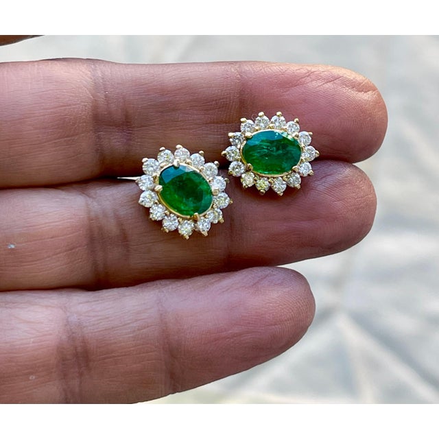 Gemstone 4 Ct Oval Shape Emerald & 1.5 Ct Diamond Post Back Earrings 14 Karat Yellow Gold For Sale - Image 7 of 18