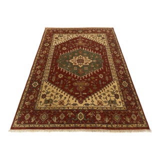 Rustic Serapi Hand-Knotted Wool Rust Field With Geometric Medallion Rug For Sale