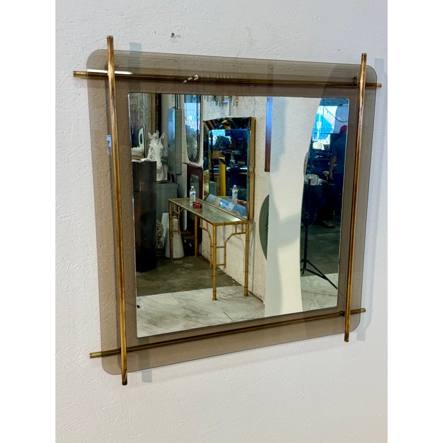 Mid-Century Modern Brass & Smoked Glass Wall Mirror 1970s For Sale - Image 4 of 7