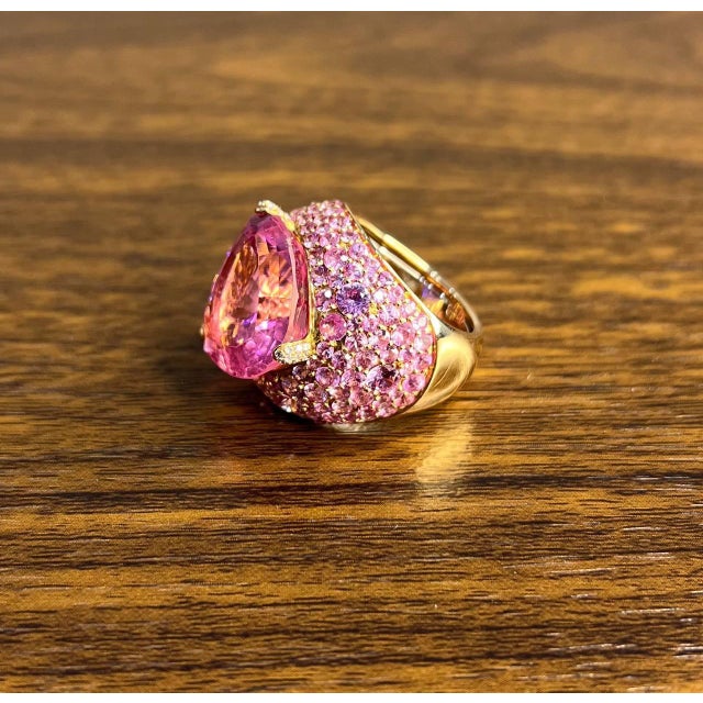 Pink Tourmaline Rubellite Pink Sapphire Diamond Pave 18k Rose Gold Unique Ring, Size 7 For Sale - Image 11 of 14
