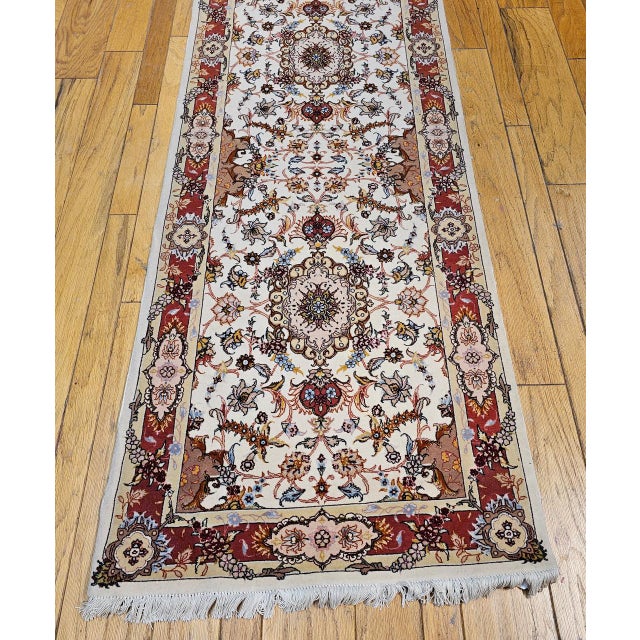 Vintage Persian Tabriz Runner, Fine Hand-Knotted Wool & Silk, Floral Design, Ivory & Red, 3x11 For Sale - Image 10 of 16