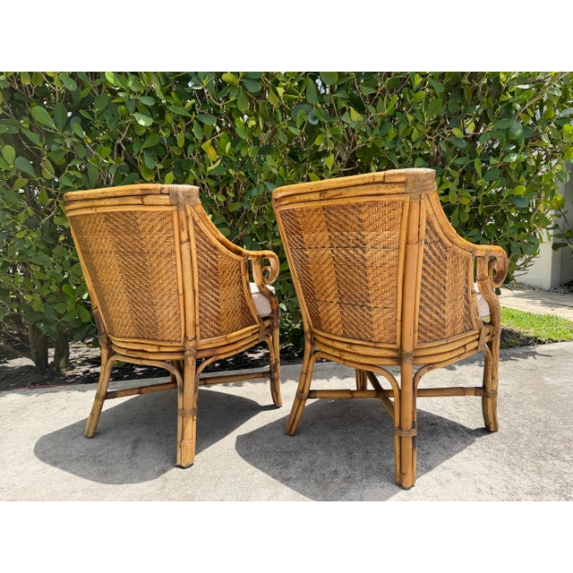 Late 20th Century Vintage Henry Link Saint Andrews Scroll Arm Rattan Club Chairs - A Pair For Sale - Image 5 of 12