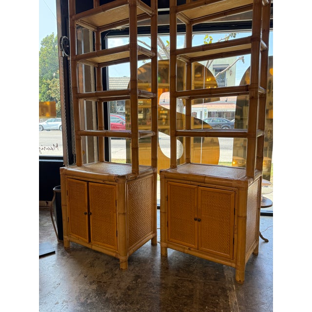 Wood Pair of Bamboo and Woven Rattan Bookcases With Cabinet Bases, 1970s For Sale - Image 7 of 13