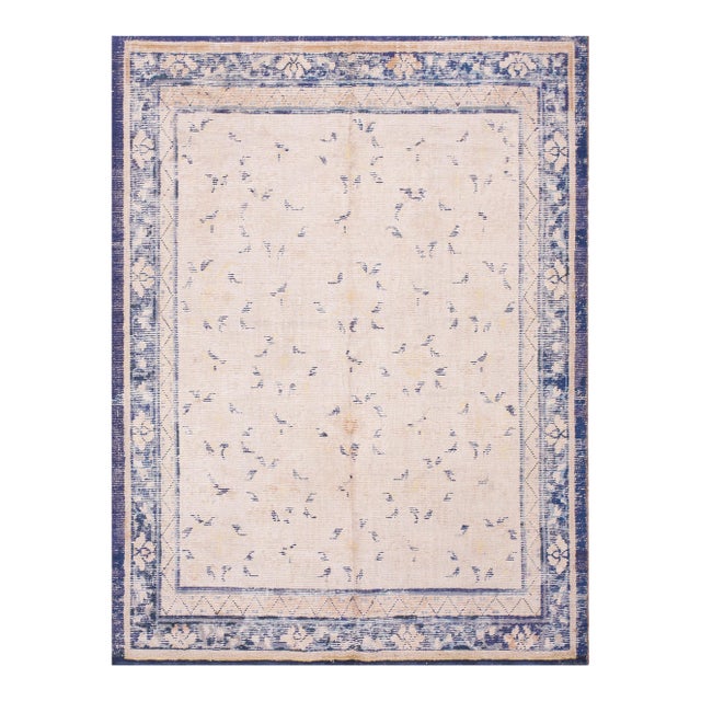 1750s Ivory Floral Antique W. Ningxia Rug 5'6" X 7'2 Handknotted Wool Carpet For Sale