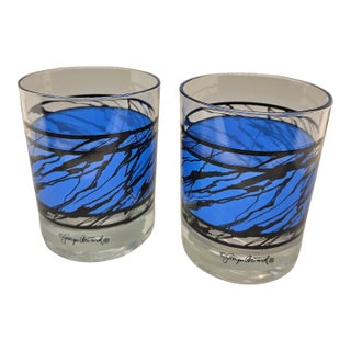 Set of 2 Georges Briard Black and Blue Low Ball Glasses Drizzle Design For Sale