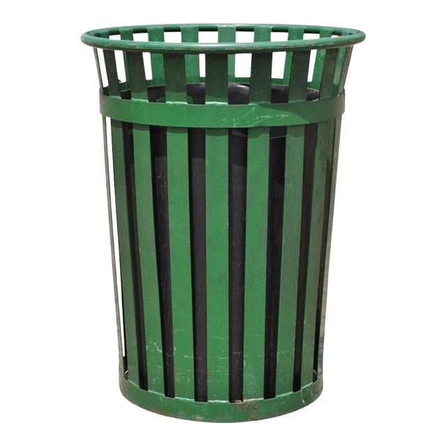 Late 20th Century Outdoor Slatted Steel Metal Green Park Trash Can & Liner - 24 Gallon For Sale