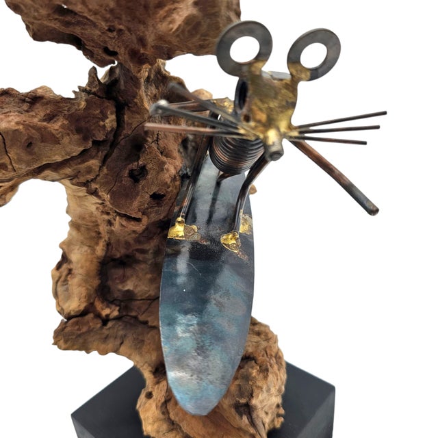 1970s Vintage Brutalist Metal Mouse Surfer Sculpture on Drift Wood — 10.5" For Sale - Image 5 of 8