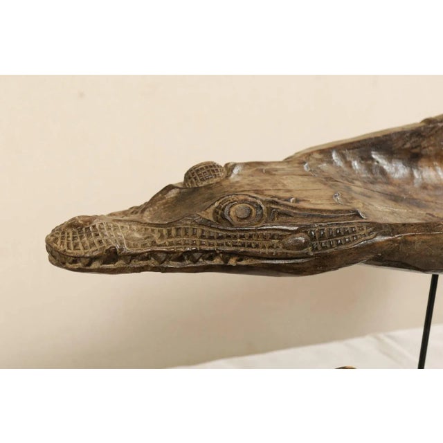 Carved Wood Crocodile Head Boat Prows on Stands, Papua New Guinea - Set of 3 For Sale - Image 10 of 11