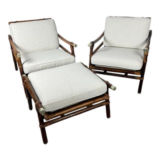 Mid Century Modern Far East Lounge Chairs and Ottoman by John Wisner for Ficks Reed - 3 Pieces For Sale
