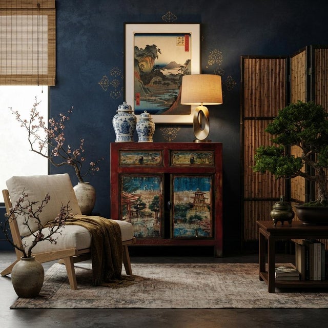 Chinese Distressed Red Blue Old Scenery Graphic Credenza Cabinet For Sale - Image 10 of 11