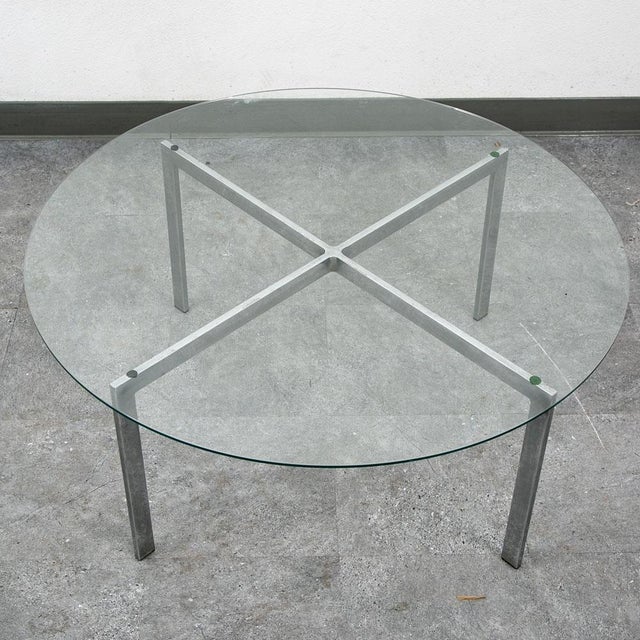 1960s Mid Century Modern Coffee Table Metal Round Glass Vintage Circular X Base Silver For Sale In Sacramento - Image 6 of 12