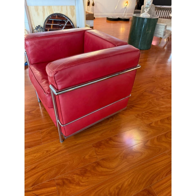 Chrome Chrome and Red Leather Club Chair in the Style of Le Corbusier For Sale - Image 8 of 10