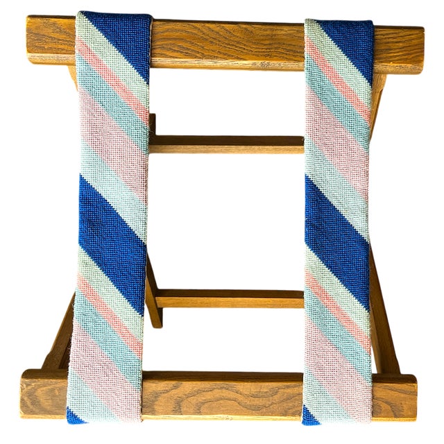 American 1980s Vintage Striped Needle Point Wooden Luggage Rack For Sale - Image 3 of 8