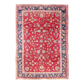 All-Over Floral Design Antique Indian Rug in Red and Blue Tones For Sale