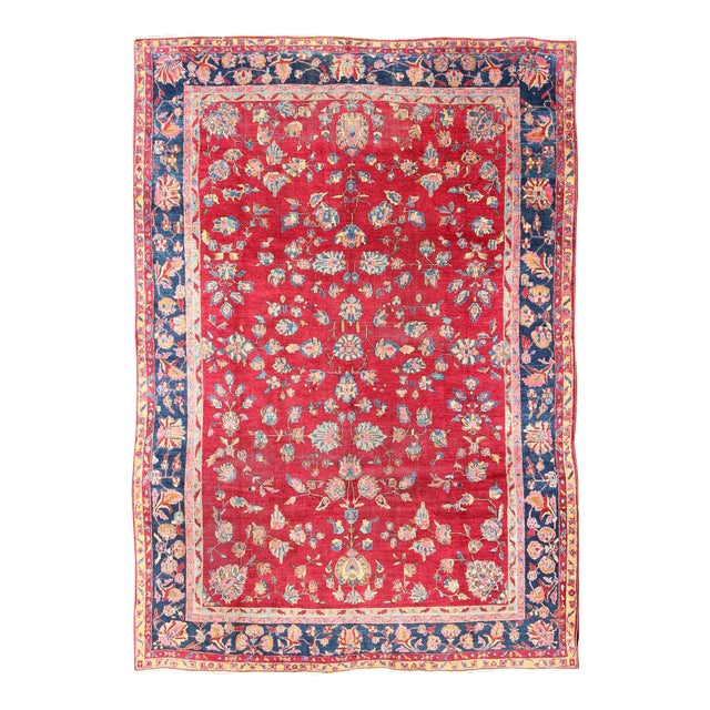 All-Over Floral Design Antique Indian Rug in Red and Blue Tones For Sale