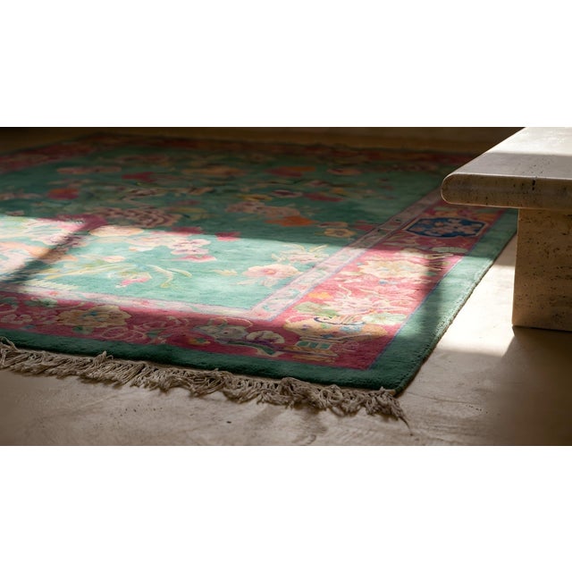 Textile 1920s Green Floral Minimalist Antique Chinese Art Deco Rug 8'10" X 11'4" Handknotted Wool Carpet For Sale - Image 7 of 7