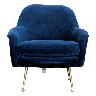 West Elm Phoebe Blue Velvet Lounge Chair With Gold Legs For Sale