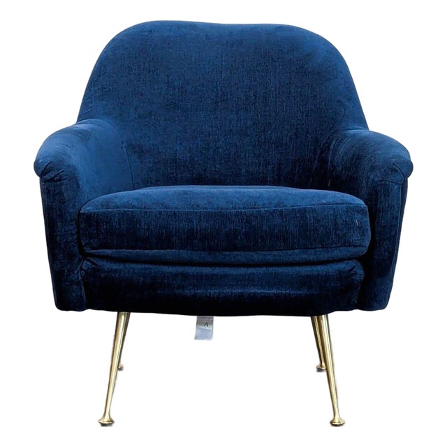 West Elm Phoebe Blue Velvet Lounge Chair With Gold Legs For Sale