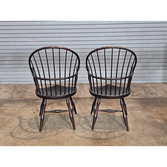 Late 20th Century Late 20th Century Pair of d.r. Dimes Sack Back Windsor Arm Chairs Bench Made Black Crackle Finish For Sale - Image 5 of 7
