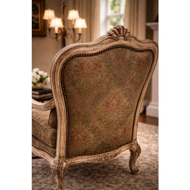 Late 20th Century French Provincial Louis XV Style Carved Armchair by Thomasville With Antiqued Frame & Tapestry Upholstery For Sale - Image 9 of 10