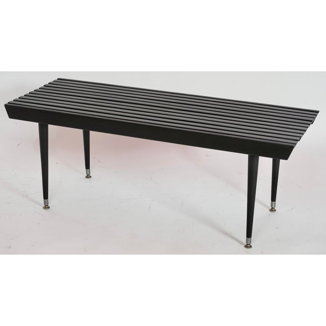 Mid Century Modern Walnut Slated Table/Bench. This bench has been newly restored and it is ready for use.