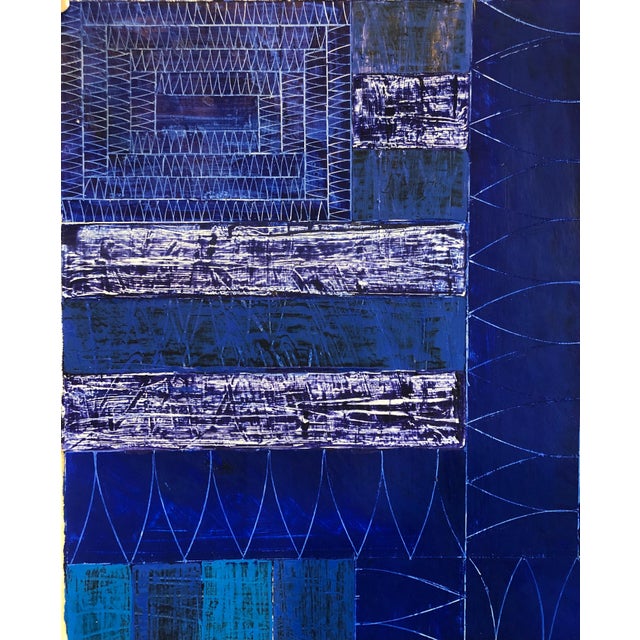 1980s Joan Kahn, Joan Kahn Indigo Denim Blue Color Abstract Expressionist Modernist Oil Painting, c.1980's For Sale - Image 5 of 14