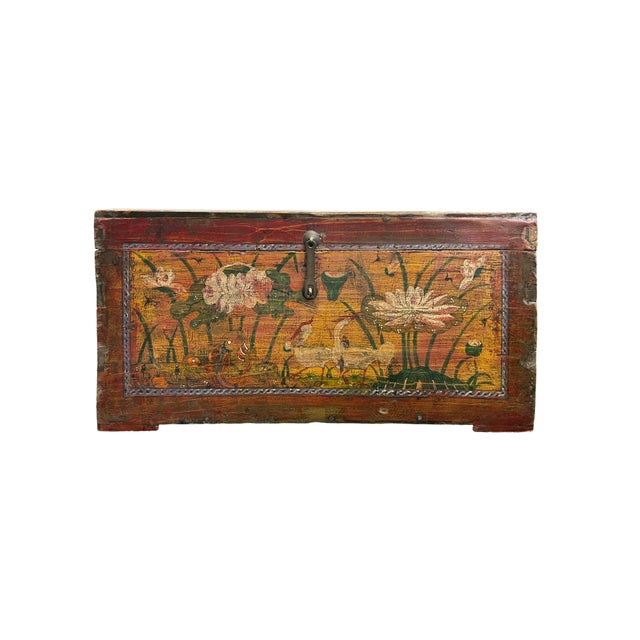 Vintage Distressed Brick Red Brown Lotus Cranes Oriental Wood Trunk Table For Sale - Image 11 of 12