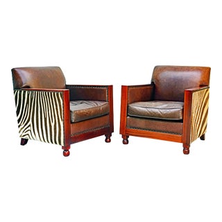 Pair of Colonial Style Deco Inspired Zebra Leather and Mahogany Club Chairs For Sale
