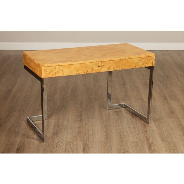 High Quality Chrome Frame Writing Desk with Burl Wood Top and Two Drawers, Attributed to Milo Baughman