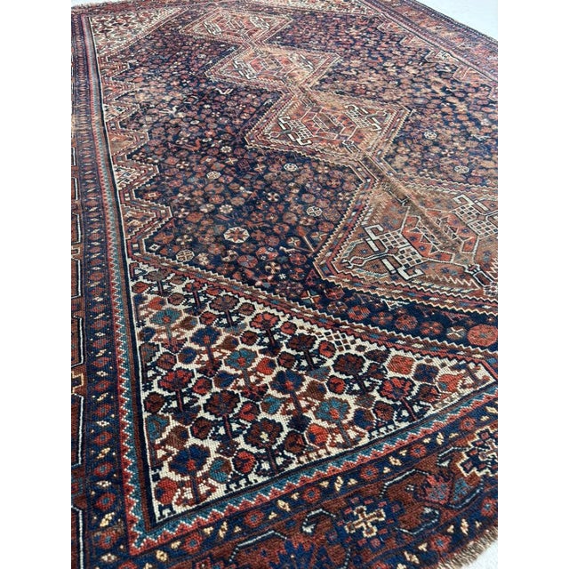 1920s Southwest Persian Khamseh Deep Blues, Amber, Peacock Green Rug 7.8 x 9 For Sale - Image 12 of 13