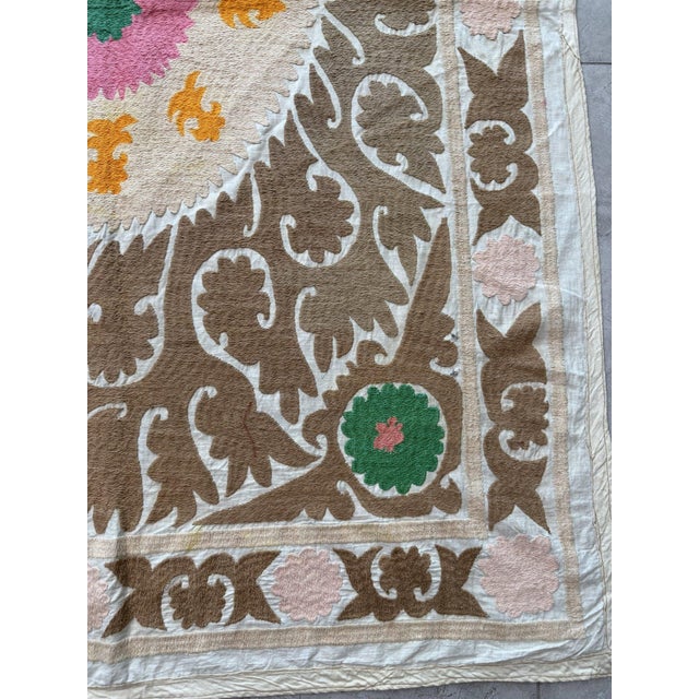 Mid-Century Modern Suzani Textile Wall Art - Neutral Tan Samarkand Embroidery 3'10'' X 5'3'' For Sale - Image 3 of 15