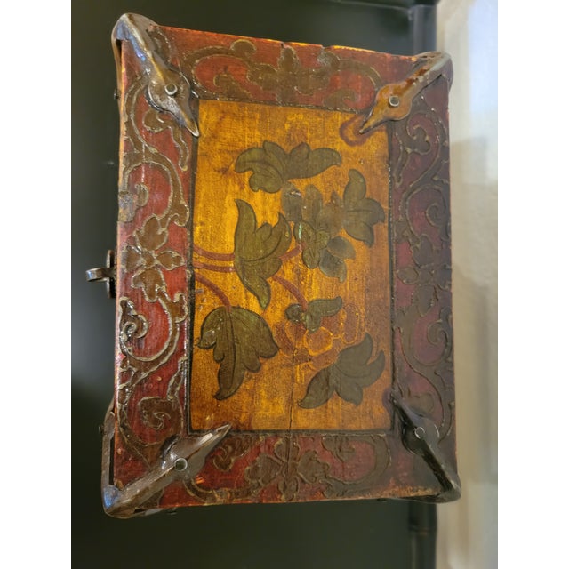 Antique Tibetan Hand-Painted Wooden Longevity Box With Original Iron Hardware For Sale In Milwaukee - Image 6 of 7