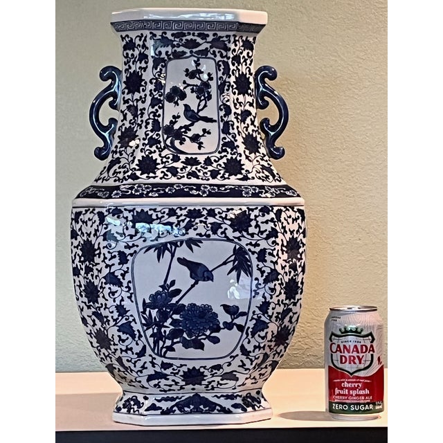 Blue Late 20th Century Large 18" Chinese Blue & White Hexagonal Porcelain Vase Bird Floral Qianlong Mark For Sale - Image 8 of 8