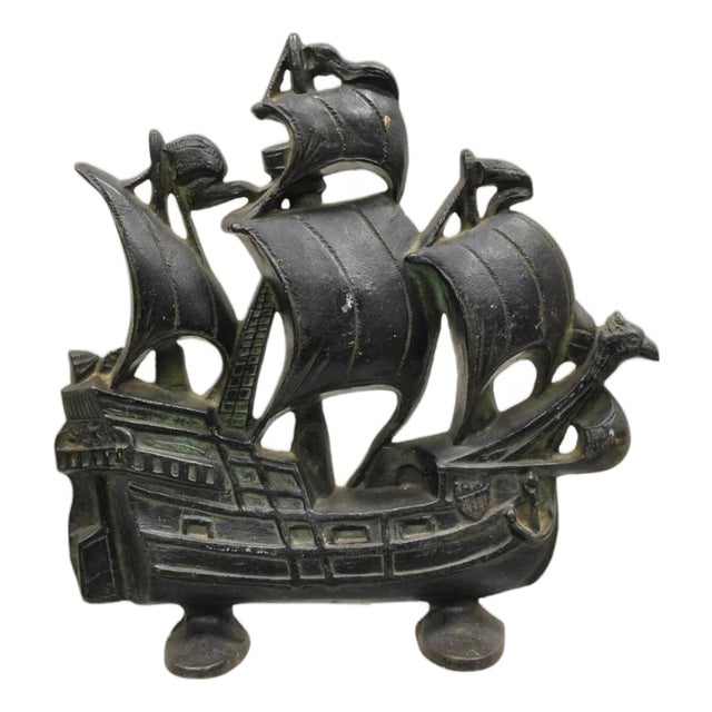 Antique Victorian 1930 Creation Co Cast Iron Figural Ship Boat Door Stop (B) For Sale