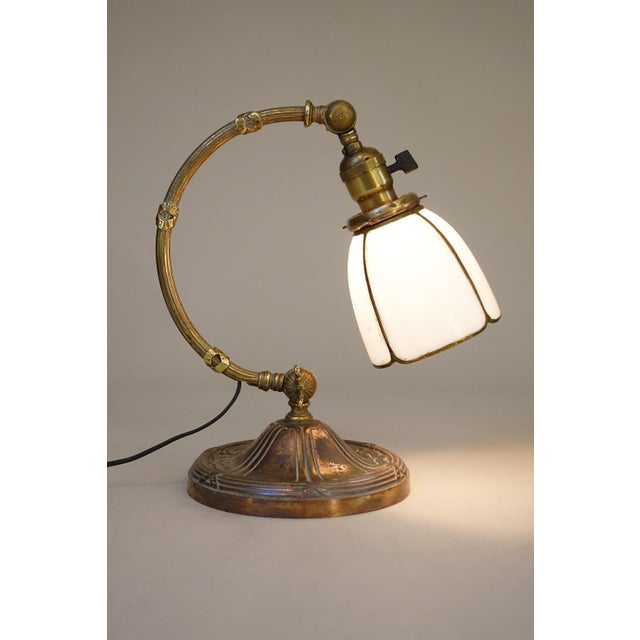 1910s 1910s Art Nouveau Edward Miller Industrial Machine Age Elaborate Brass Slag Glass Articulating Desk Table Piano Lamp For Sale - Image 5 of 12