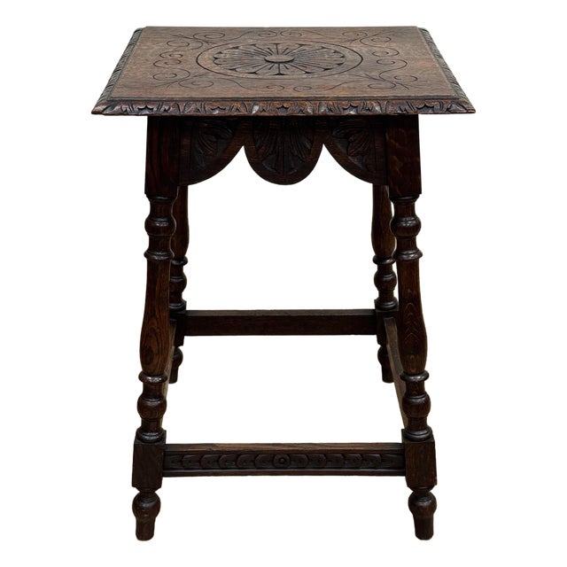 Antique English Carved Oak Side Table Circa 1900 For Sale
