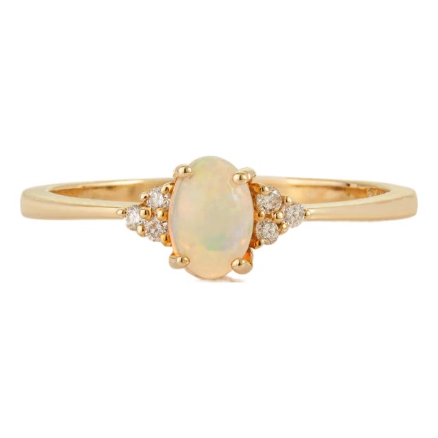 Natural Oval Cabochon Opal Ring With Trio Diamonds in 14k Yellow Gold Size 4 For Sale