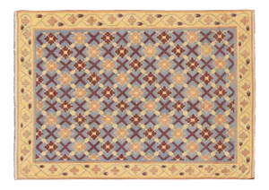 Vintage Flat Weave Cotton Dhurrie With Star Pattern in Blue, Yellow & Brown Red