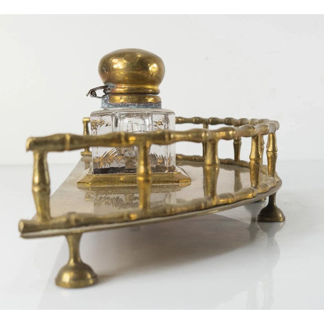 19th Century English Faux Bamboo Brass Inkwell Desk Set For Sale - Image 4 of 11